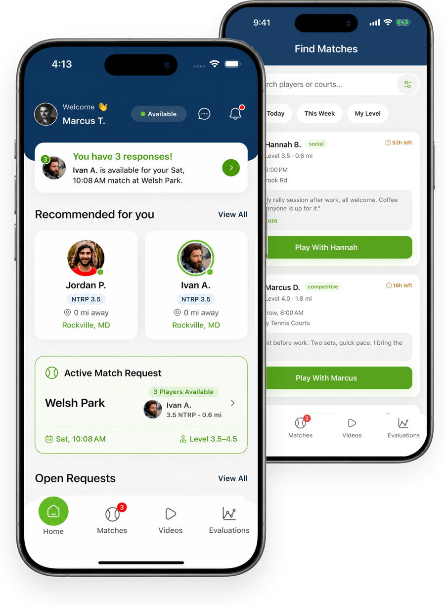 Miles Ahead Tennis app screens showing player matches and match requests